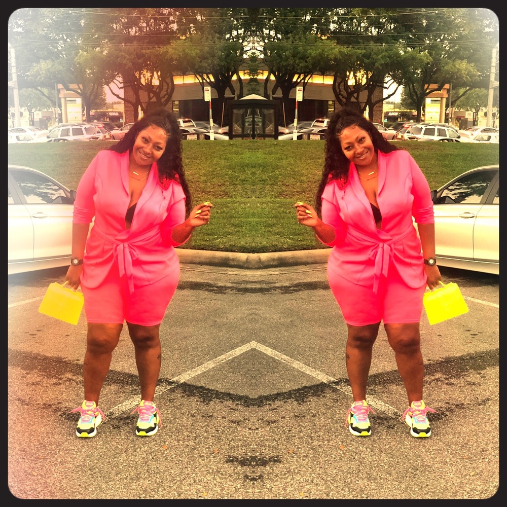Two piece neon pink suit